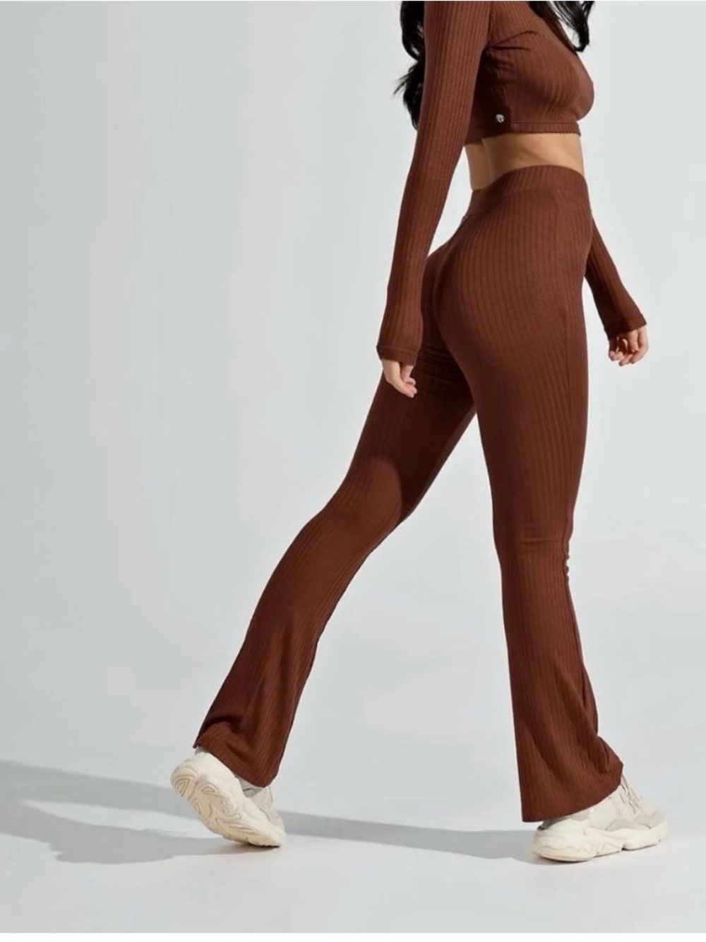 BuffBunny Ribbed High-Waist Flare Pants - Brown Size Medium